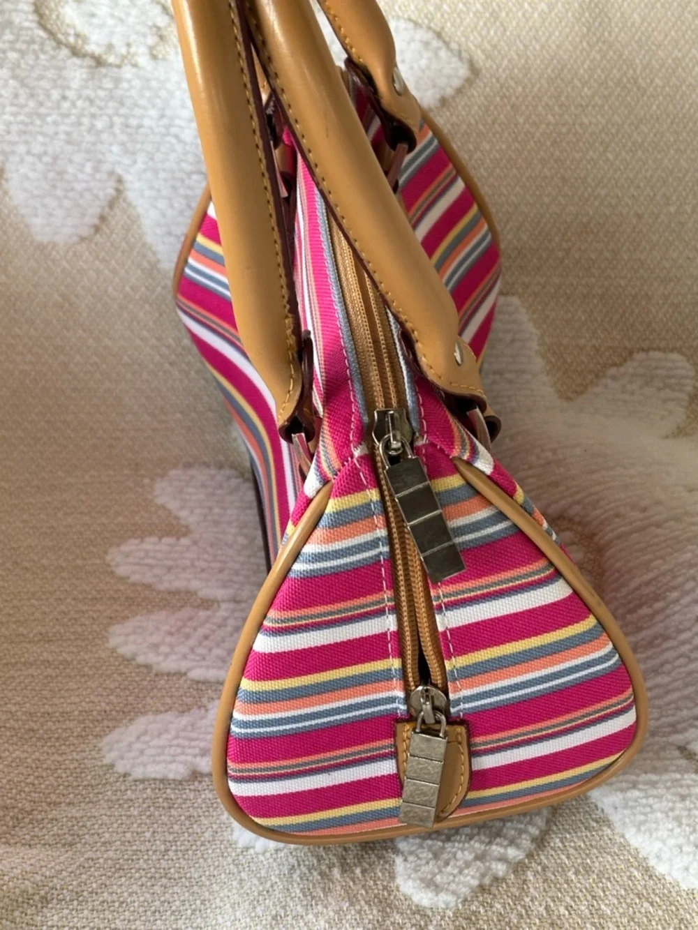 Striped Pink Multi-Color Canvas Satchel with Tan Handles - Picture 4 of 12
